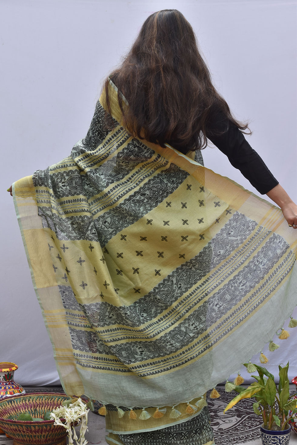 Thumbnail: Geetanjali 'Pista' Madhubani Handpainted Sea Green Linen Saree
