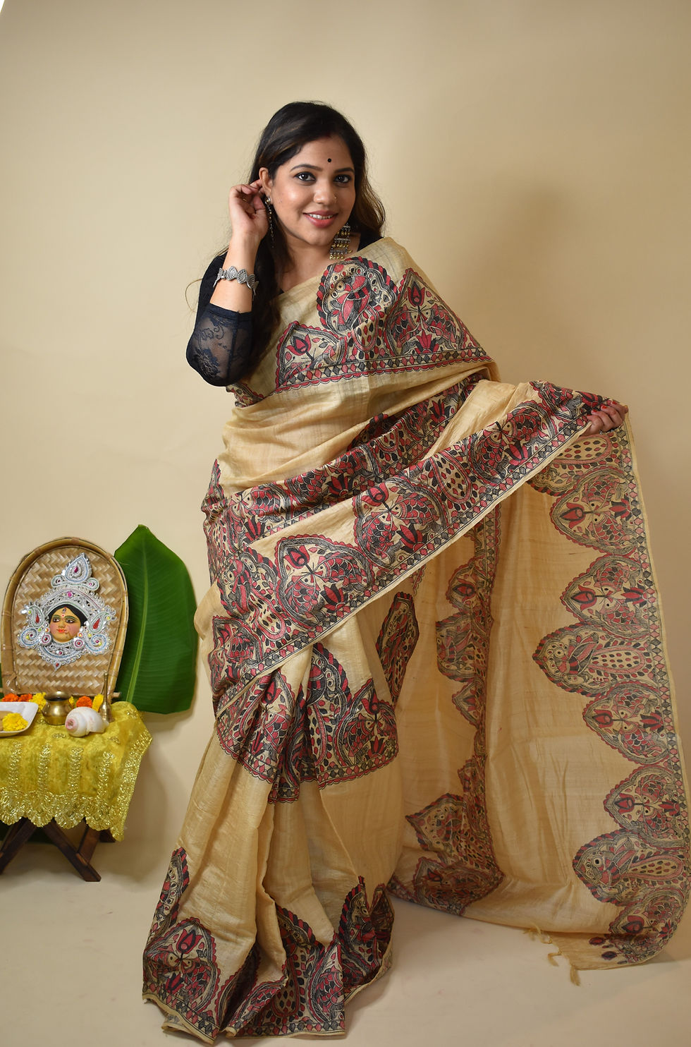 Thumbnail: Kalaratri: Handpainted peacock and fish motif Tussar Silk Saree