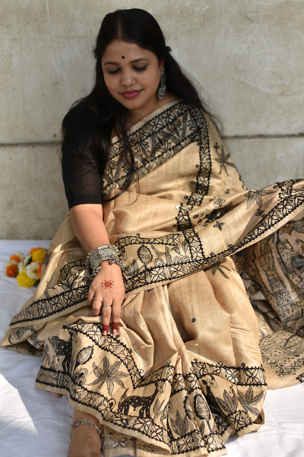 Thumbnail: Geetanjali Madhubani Ram Katha Tussar Silk Saree with Sindhi Kadhai