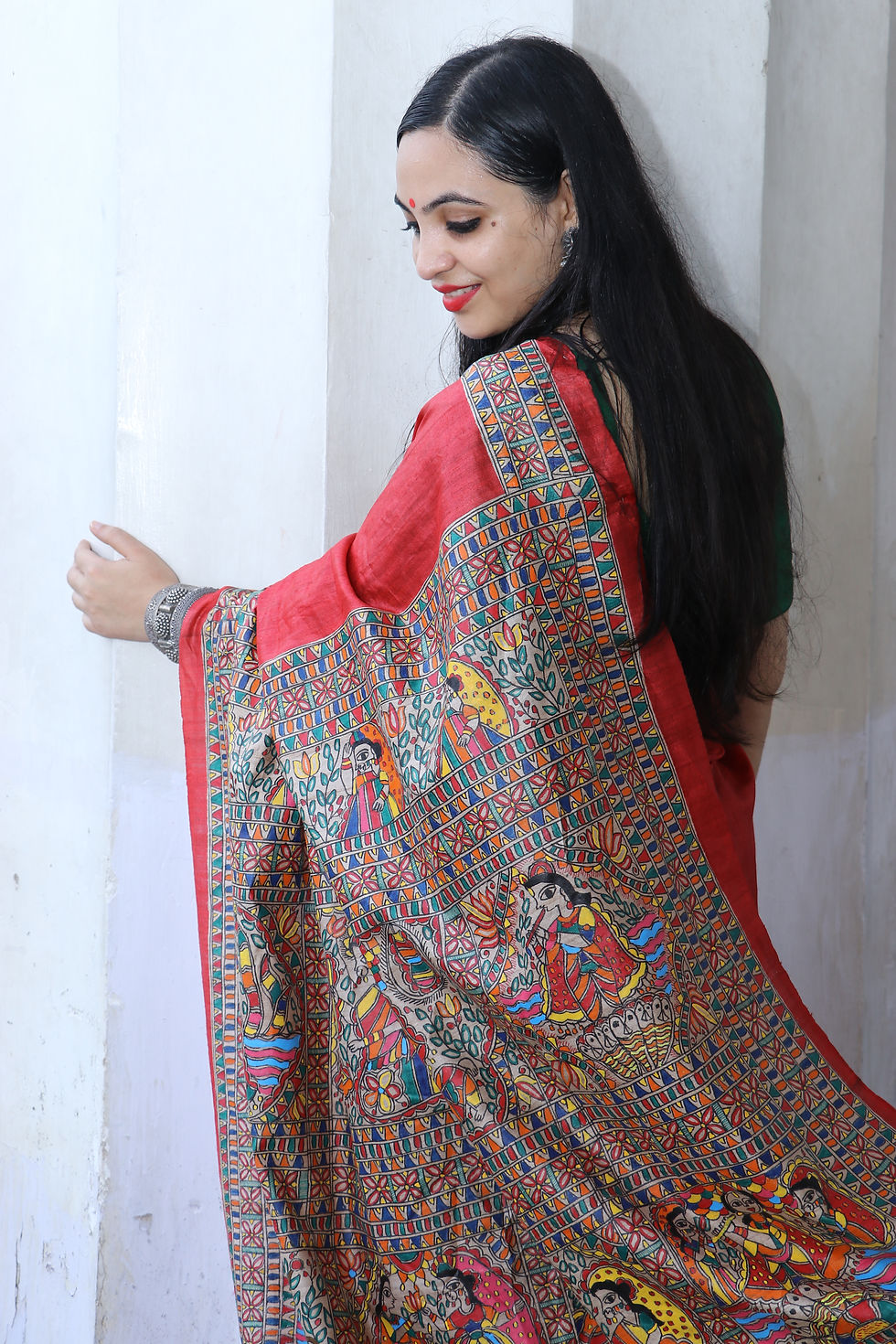Thumbnail: Shyamsundara Krishna leela Madhubani Handpainted Red & beige Tussar silk saree