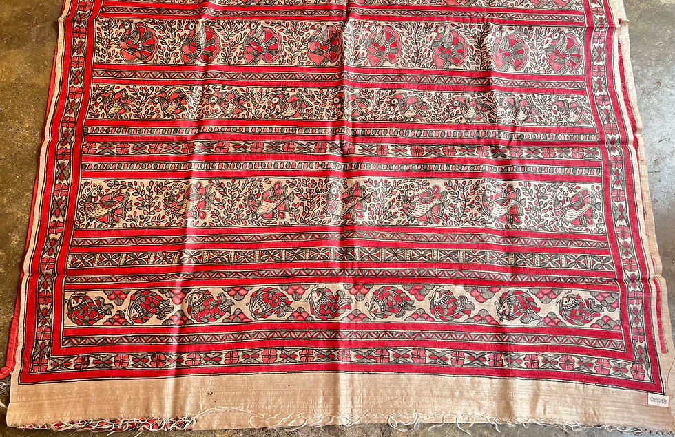 Thumbnail: Laal Gulab Dhara: Handpainted Madhubani Tussar Silk Saree
