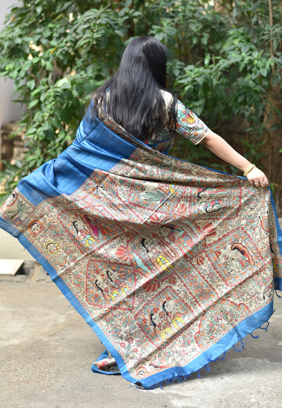 Thumbnail: Neel Kohbar Handpainted Madhubani Tussar Silk Saree