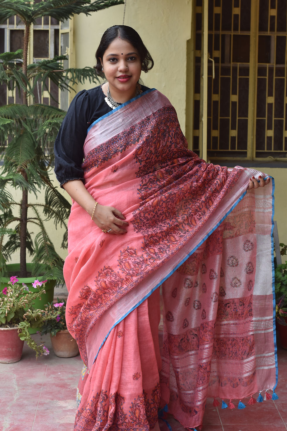 Thumbnail: Geetanjali ‘Sama Chakeva’ handpainted Madhubani Pink Linen Saree