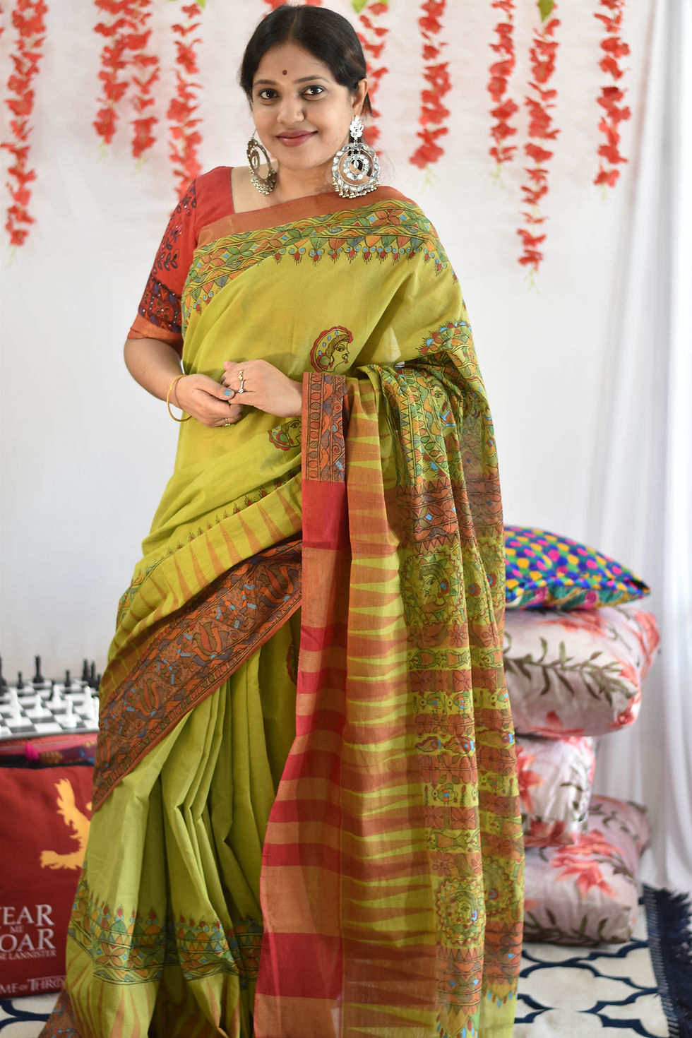 Thumbnail: Seher :Green & Red Handloom Taant Cotton Saree with Madhubani & Temple Border