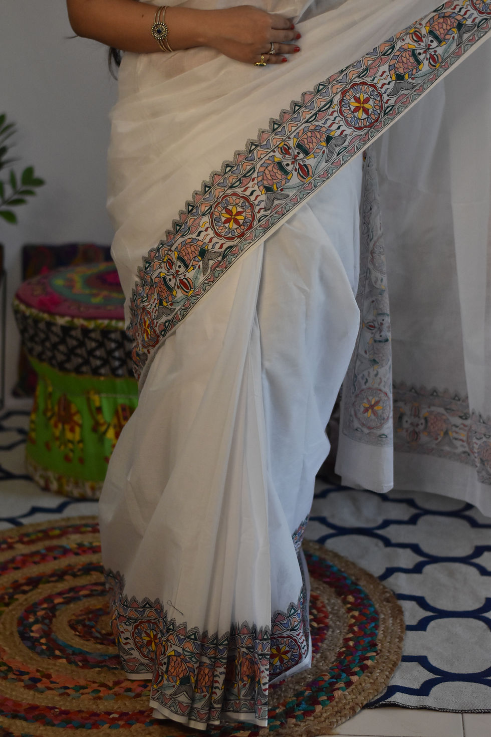 Thumbnail: Safed -  Fish & Aripan Motif Mulmul cotton handpainted Saree