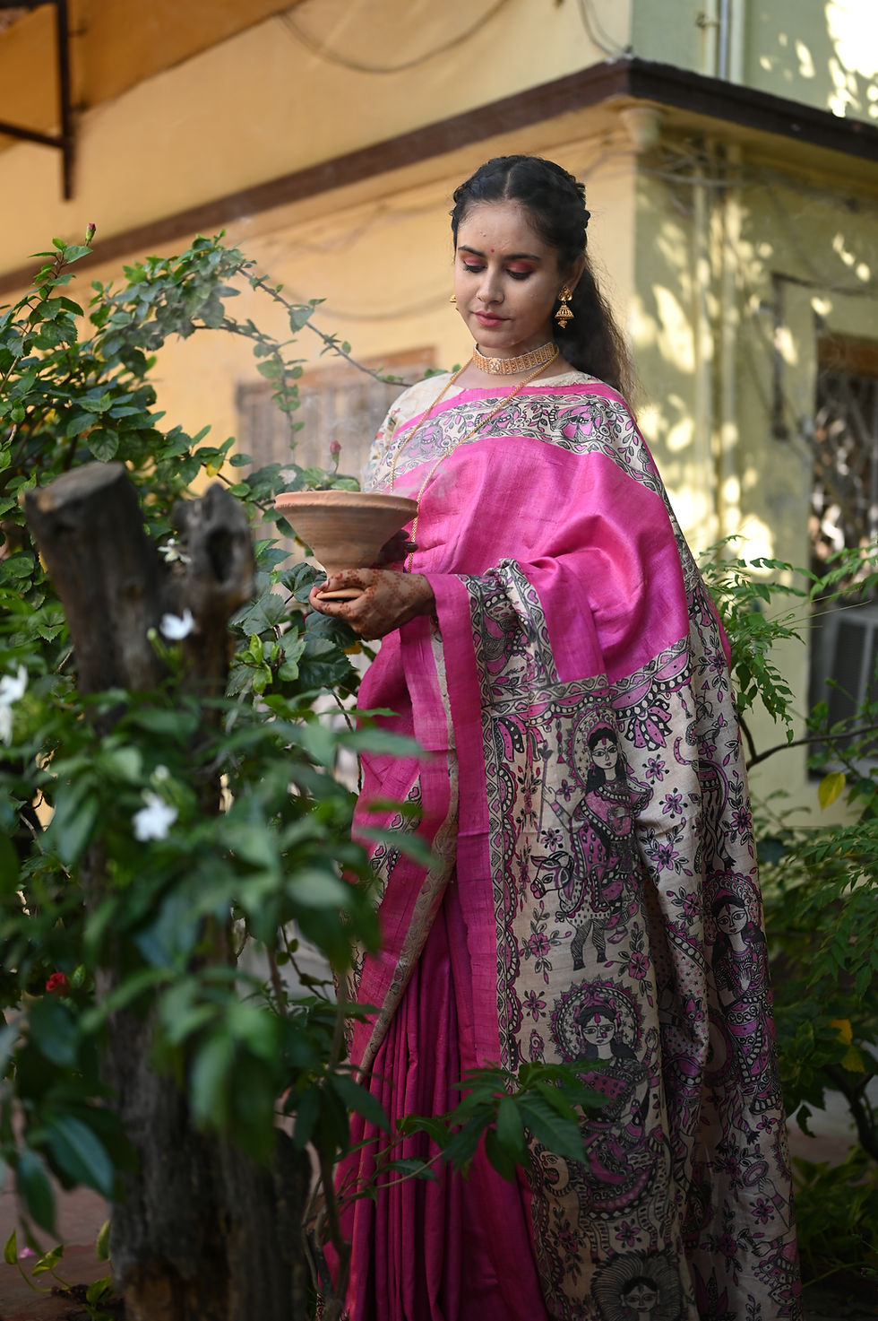Thumbnail: Sarvamangla :Maa Durga Handpainted Madhubani Tussar silk saree with 9 avartars