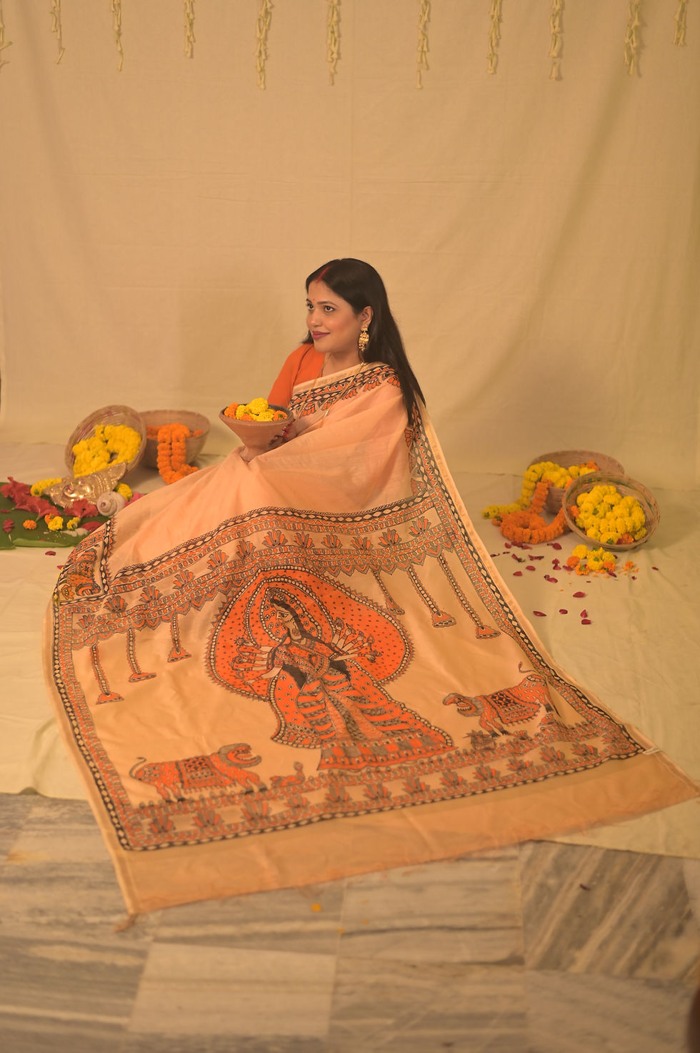 Thumbnail: Geetanjali ‘Baghini’ Maa Durga Madhubani Handpainted Chanderi Silk Saree