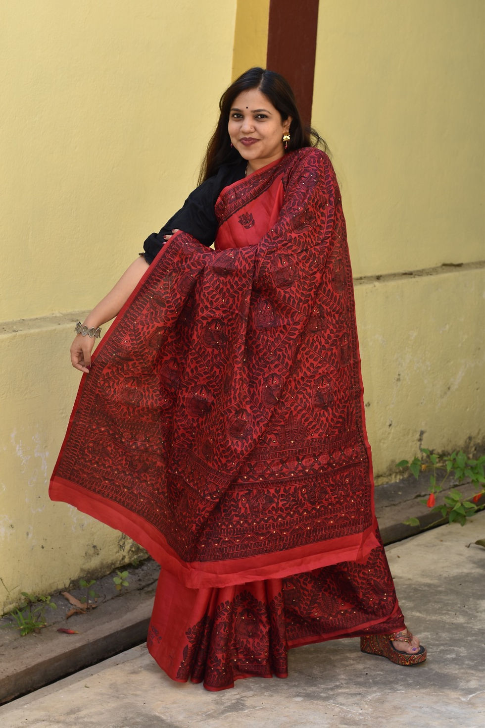 Thumbnail: Sukoon : ‘Jhilmil’ Red Cotton Silk Saree with Black & Golden work