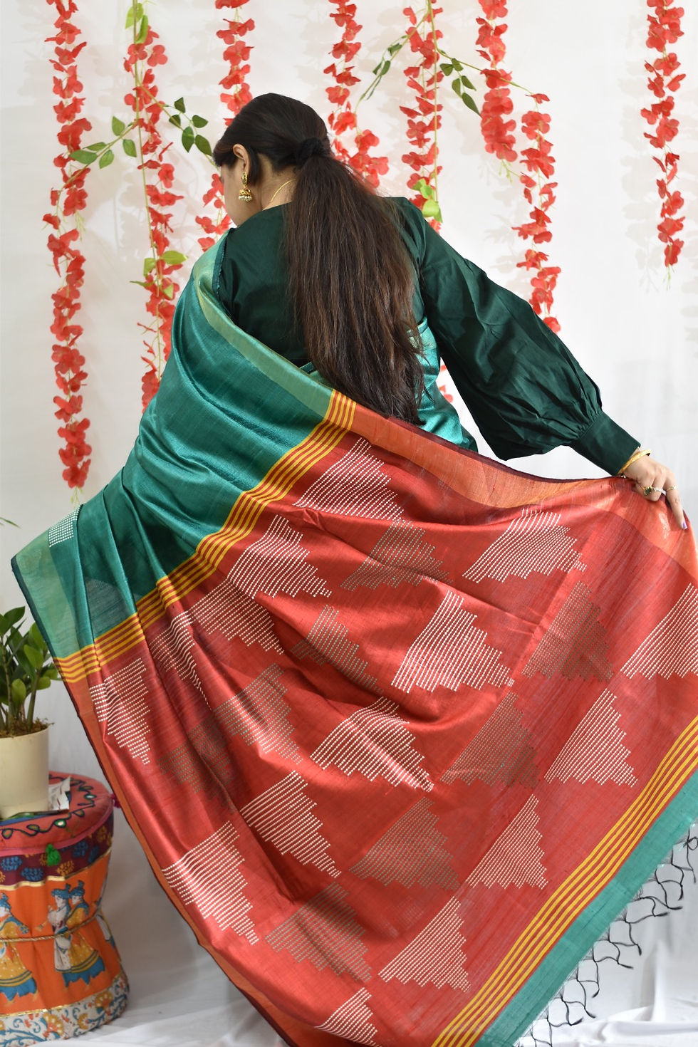 Thumbnail: Noboborsho : Green & Maroon Handwoven Dupion Silk Saree