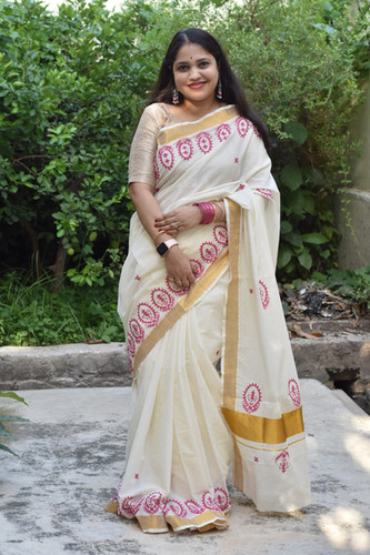 Gul Mohar Sindhi Kadhai Hand Embroidered Kerala Cotton Saree