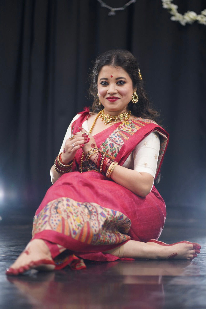 Thumbnail: Aarya : Maa Durga Red handpainted Madhubani Tussar Silk Saree