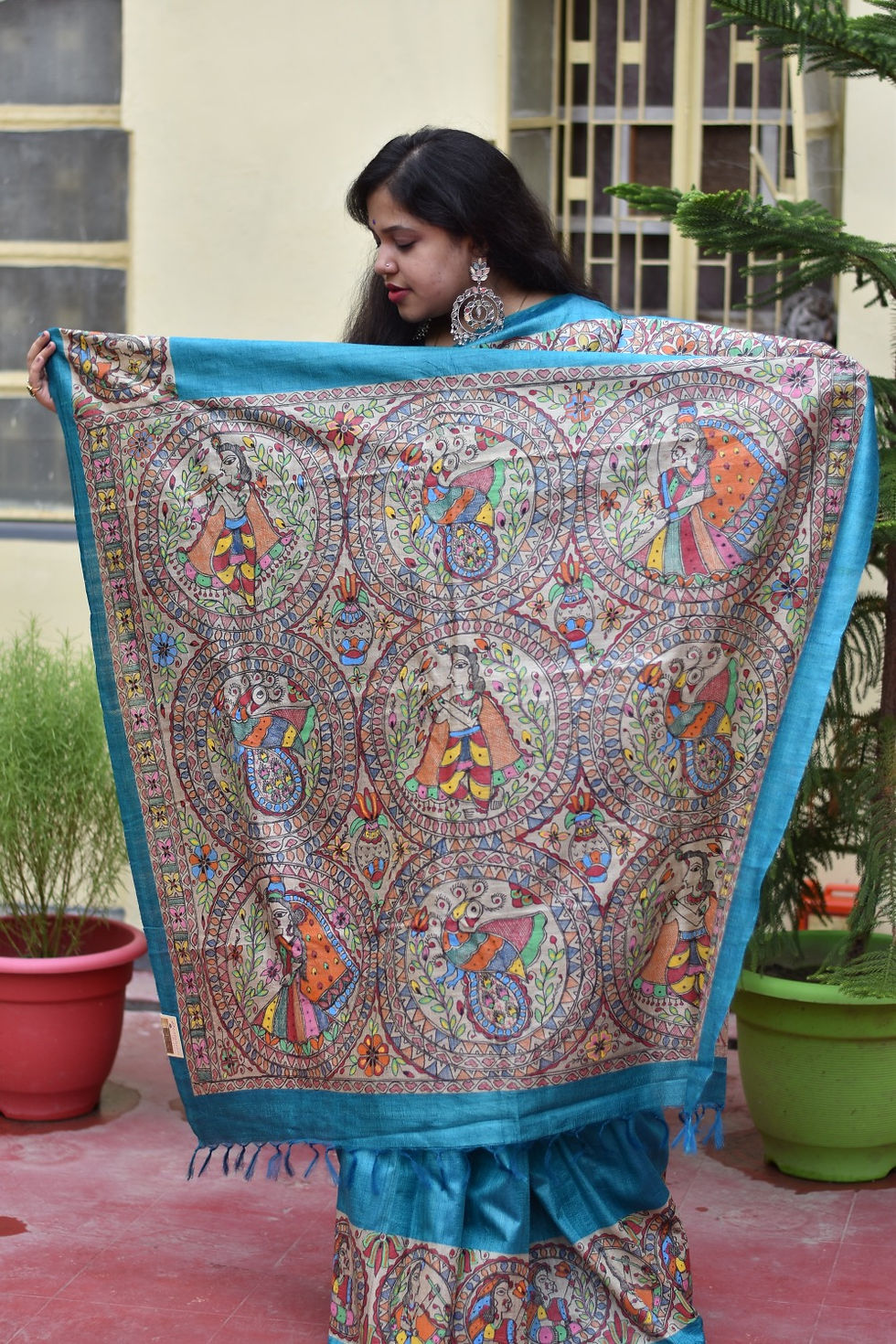 Thumbnail: Krishna: Blue Handwoven & Handpainted Tussar Silk Saree