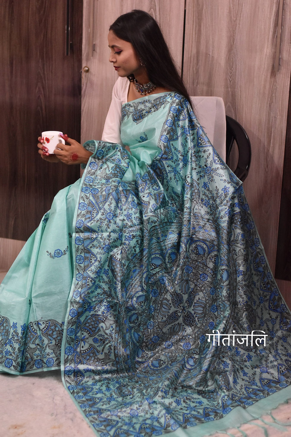 Thumbnail: SOPTOMI : ‘Machli Raas’ Madhubani Handpainted Bhagalpuri Silk Saree