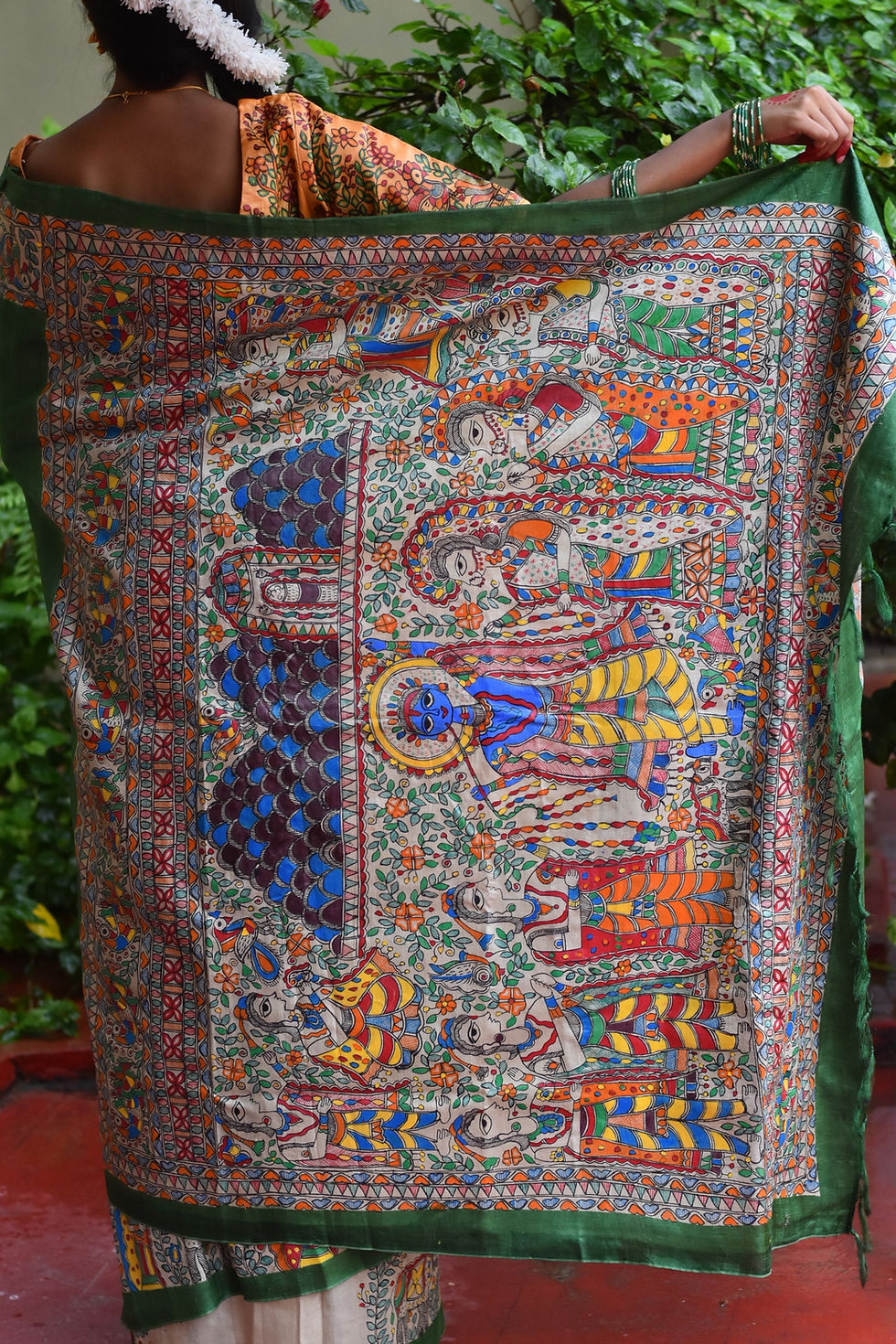 Thumbnail: NOBOMI : ‘Govardhan Parvat' Madhubani Handpainted GreenTussar Silk saree