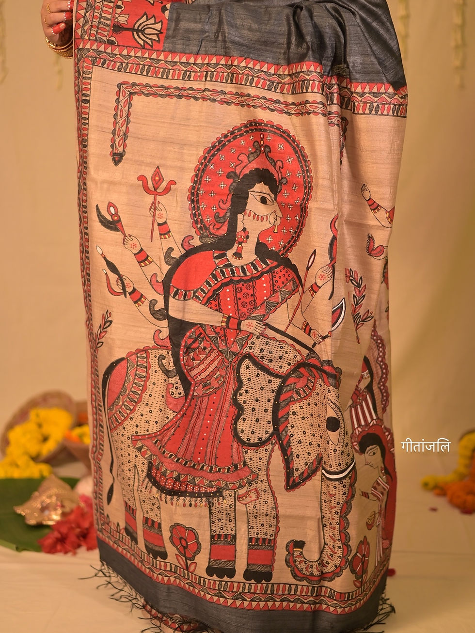 Thumbnail: Geetanjali ‘Gaja Vijaya’ Maa Durga Madhubani Handpainted Tussar Silk Mark Saree