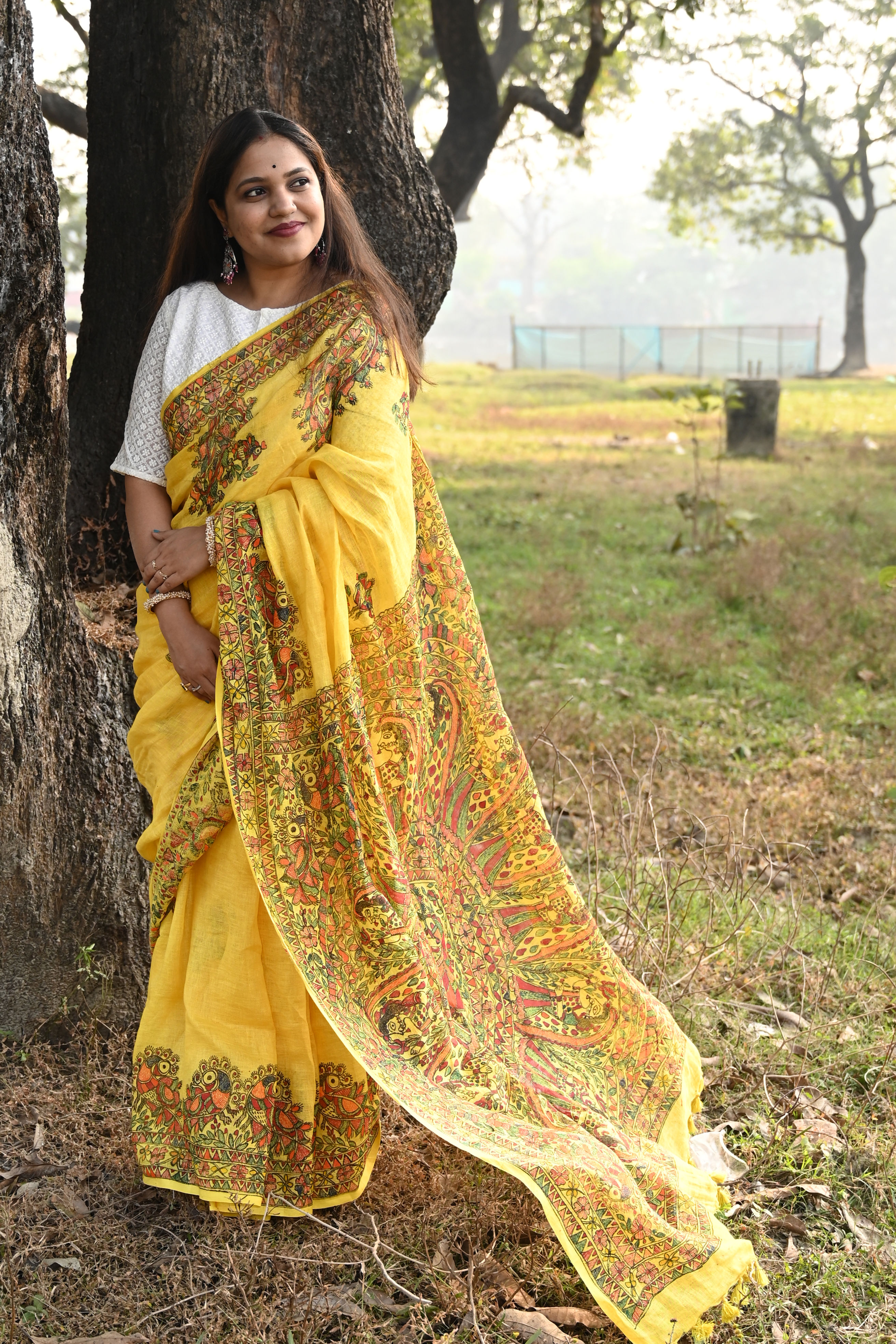 Sunkissed : Yellow Radha Krishna Raas Madhubani Linen Saree