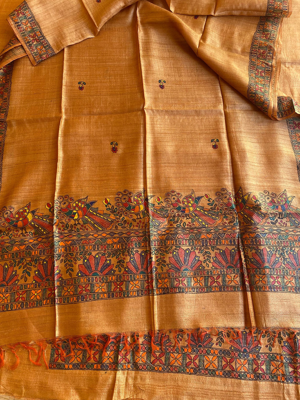 Thumbnail: Geetanjali Handpainted Madhubani Tussar silk suit with Dupatta 