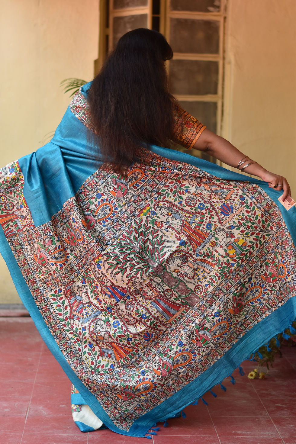 Thumbnail: Vat Savitri : Handpainted Madhubani Blue Tussar silk saree