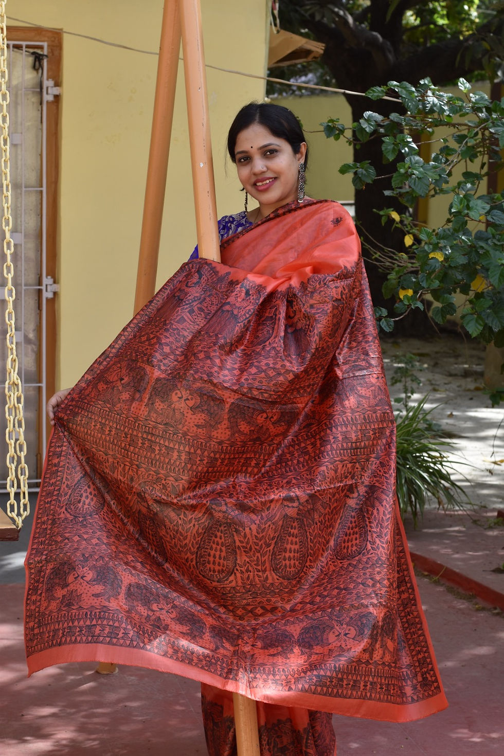 Thumbnail: Gerua : Orange Korean Silk Saree with Single Black colour Design