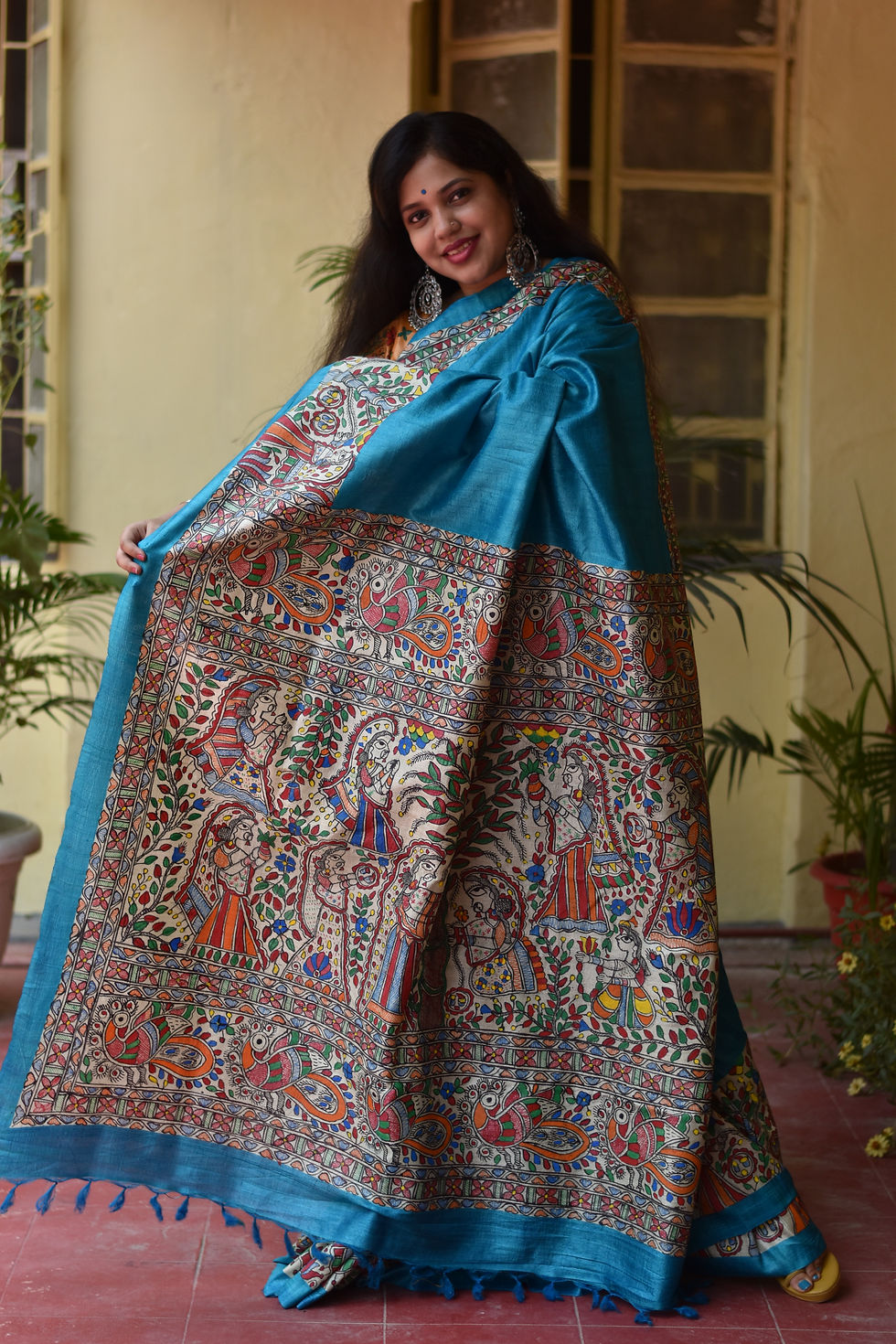 Thumbnail: Vat Savitri : Handpainted Madhubani Blue Tussar silk saree