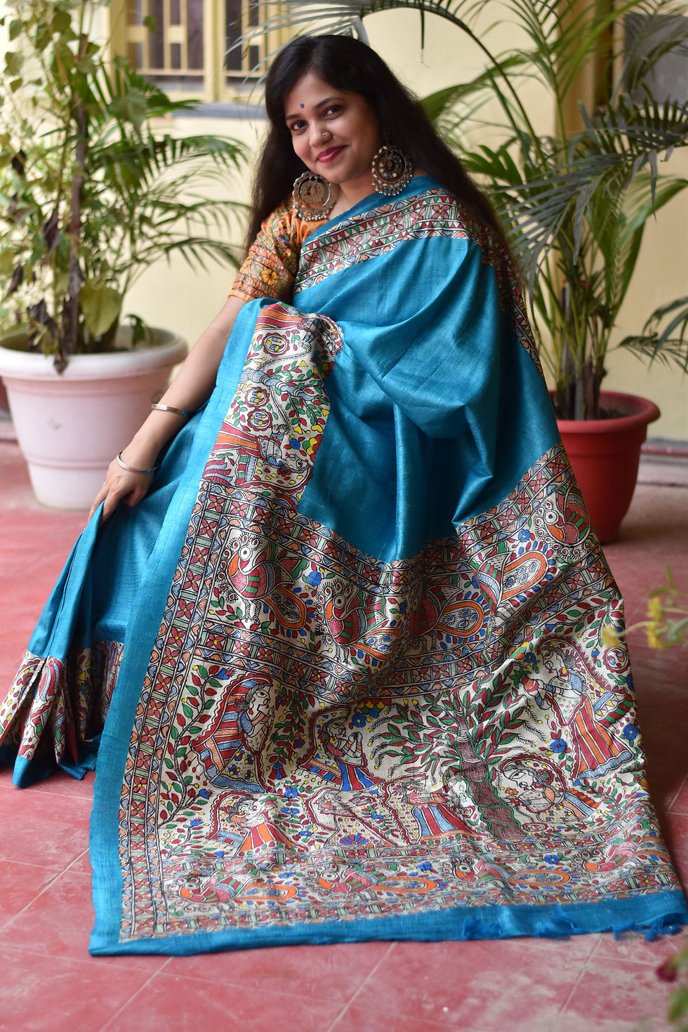 Thumbnail: Vat Savitri : Handpainted Madhubani Blue Tussar silk saree