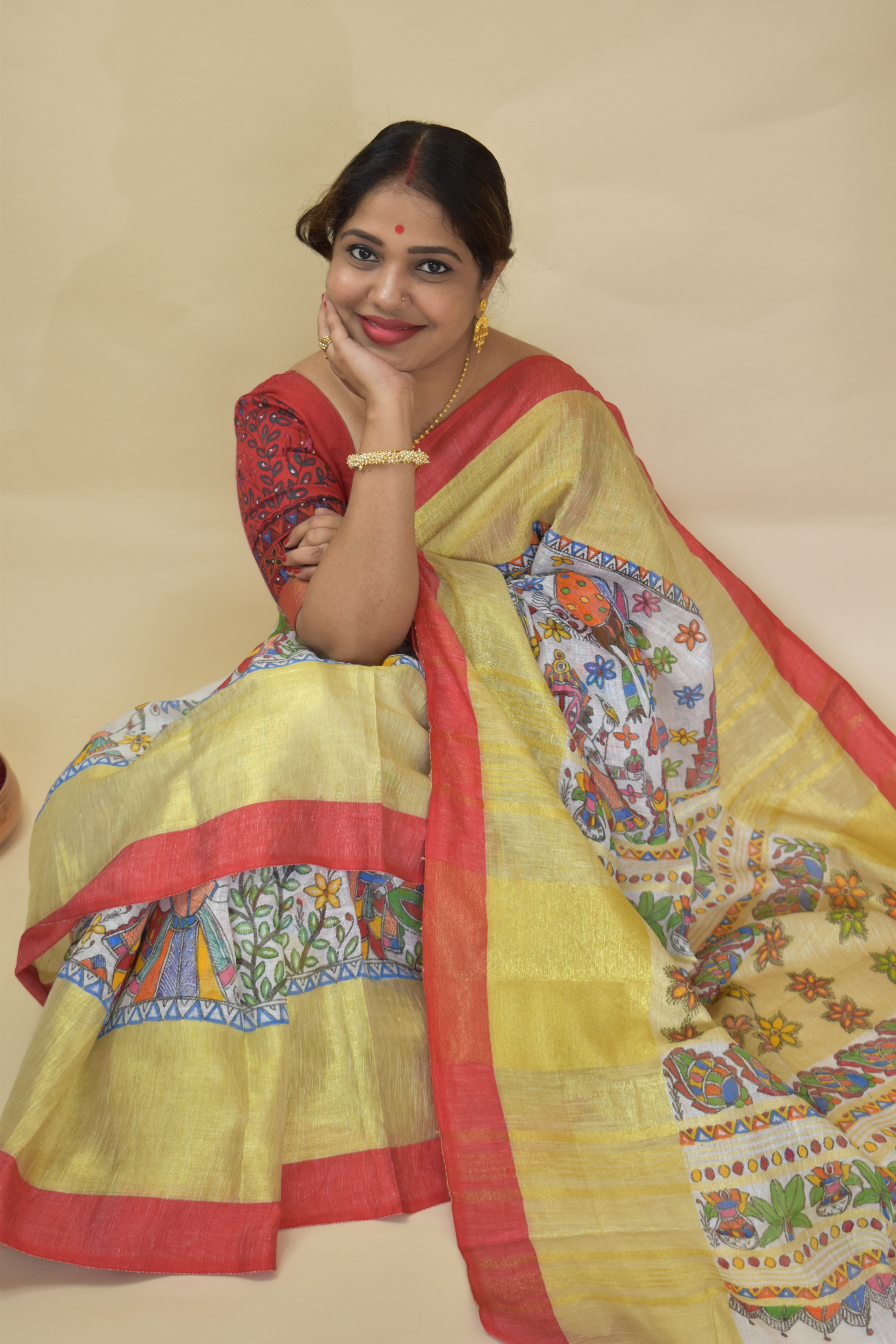 Siddhidatri :Durgotsav Madhubani Shada Lal Paad Linen Saree