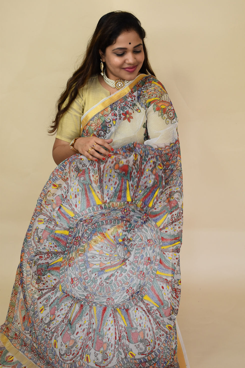 Thumbnail: Snow White : Handpainted Madhubani 'Mayur Leela' Cotton Kota Doria Saree