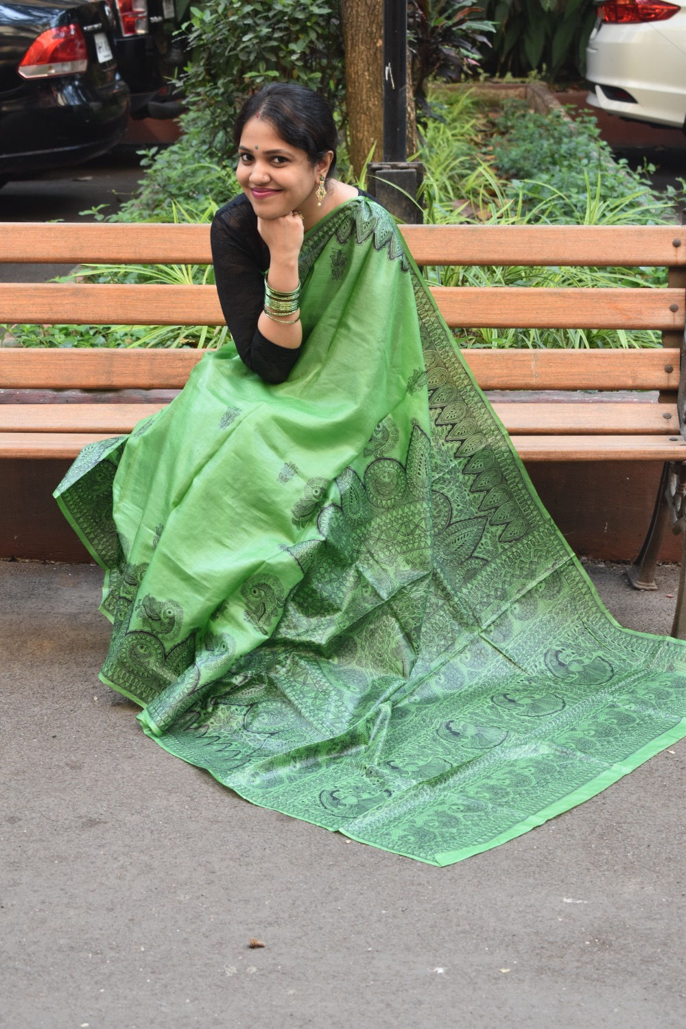 Greenary : Madhubani Korean Silk Green Saree with Black