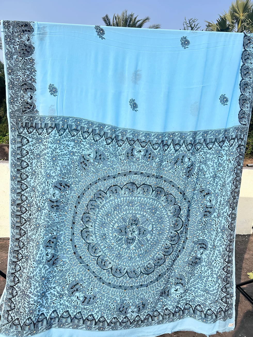 Thumbnail: Geetanjali Mithi Neel  Handpainted Madhubani Georgette Saree