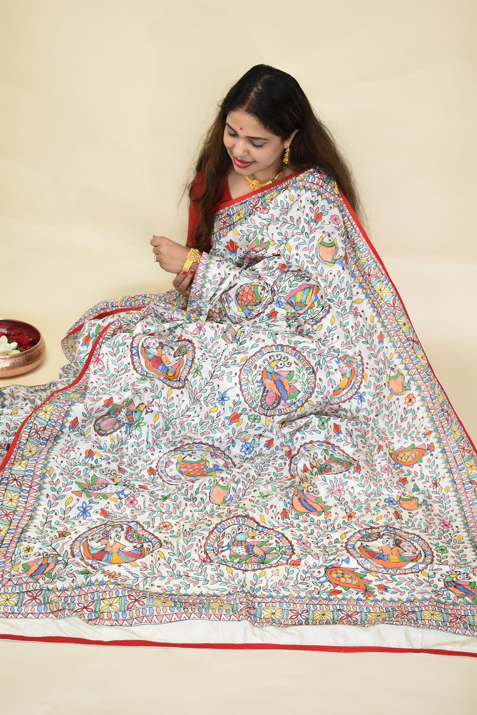 Thumbnail: Brahmacharini : Full Handpainted Madhubani Off White Bangalore Silk Saree