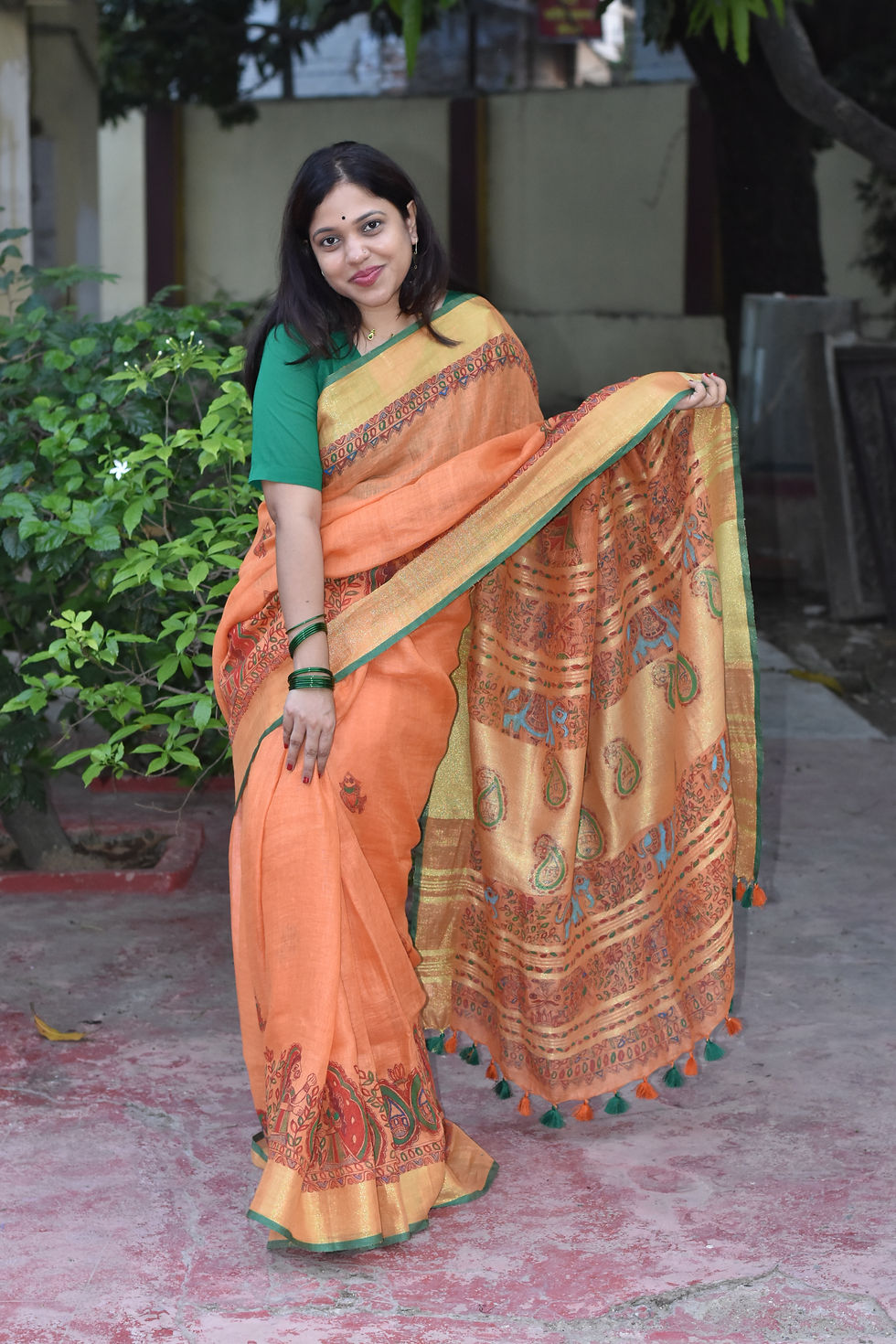Thumbnail: Kesariya Handpainted Madhubani Linen Saree