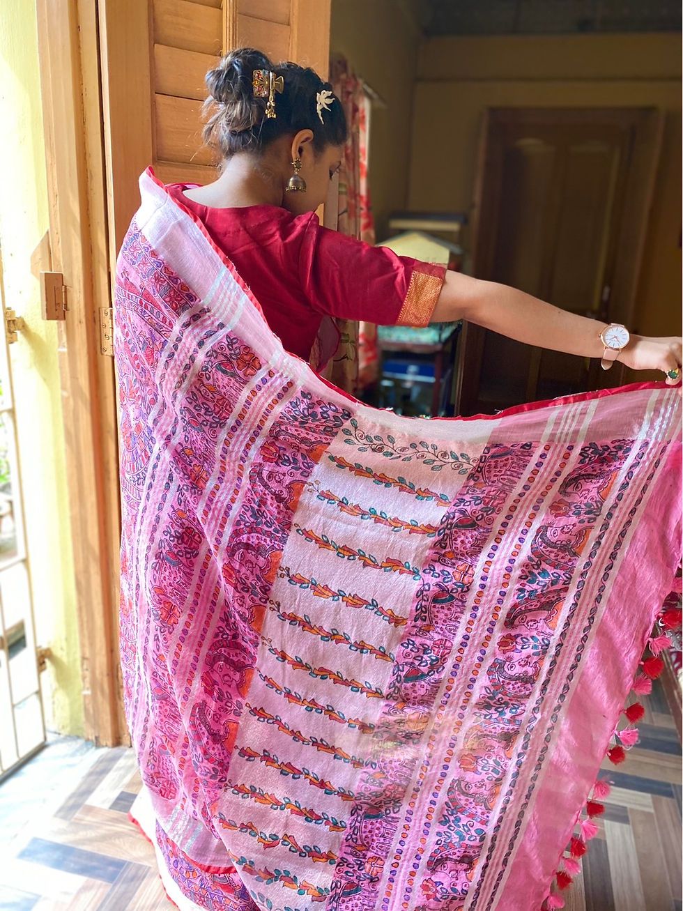 Thumbnail: Gulmohar -Pink & Red Linen Madhubani Saree