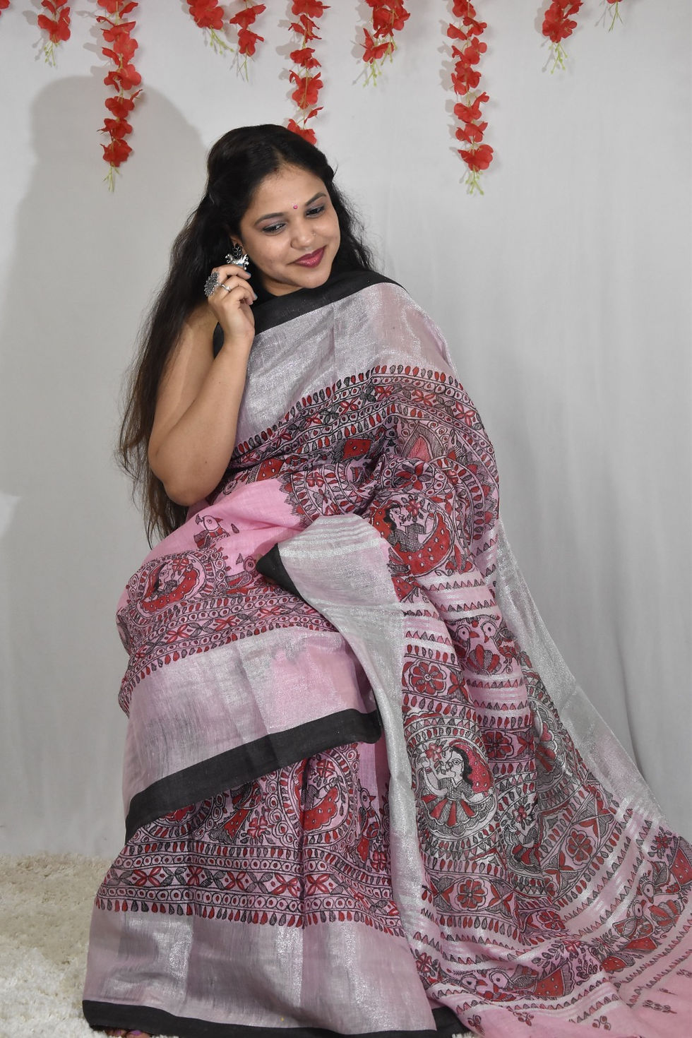 Thumbnail: Alexis : Pink & Black Handpainted Linen Saree with Silver Zari Border