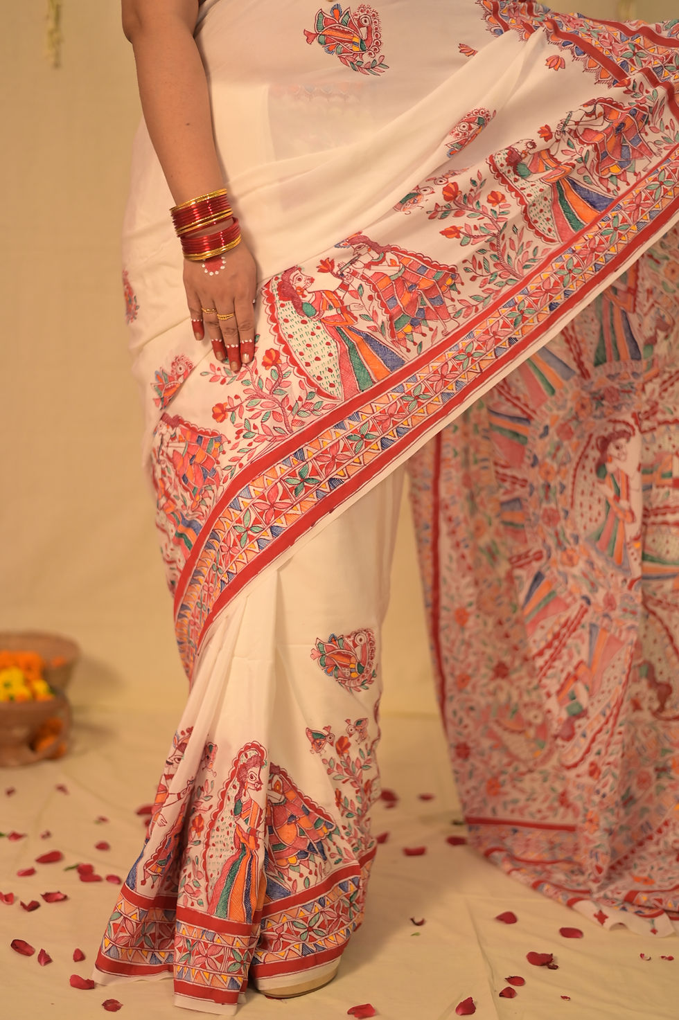 Thumbnail: Geetanjali 'Murali  Mohini' Handpainted Madhubani Crepe Silk Saree