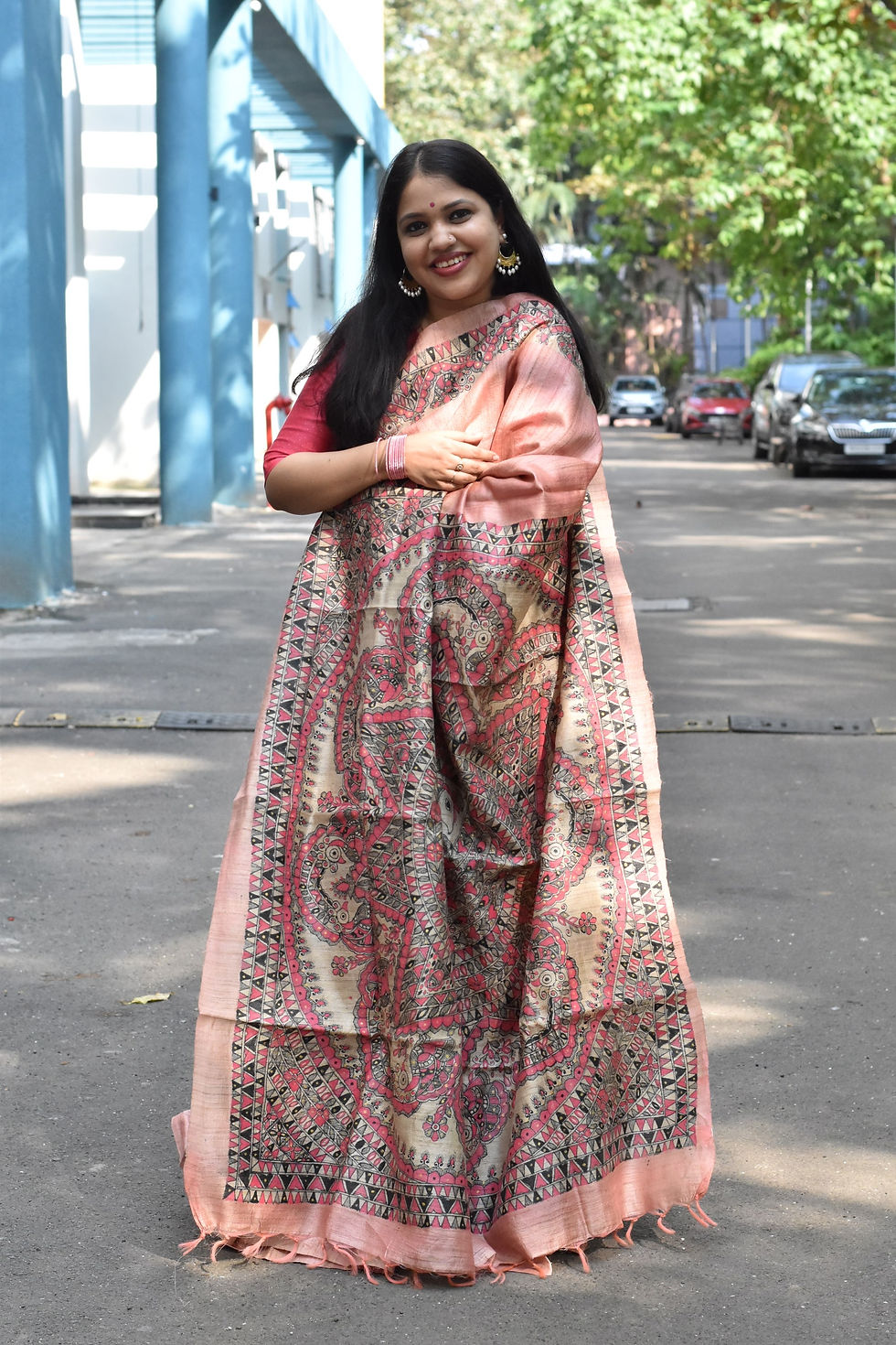 Thumbnail: Gulabi Mor Raag Handpainted Madhubani Tussar Silk Saree