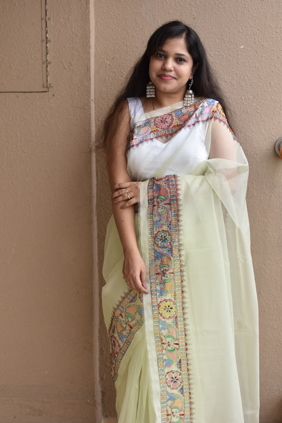 Thumbnail: Moonlight : Pista Organza Silk Madhubani Handpainted Saree