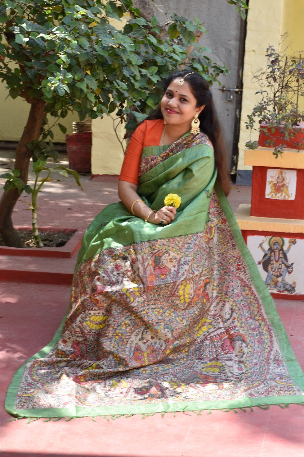 Thumbnail: Rangeela - Green & Beige Pure Tussar Silk Madhubani Saree