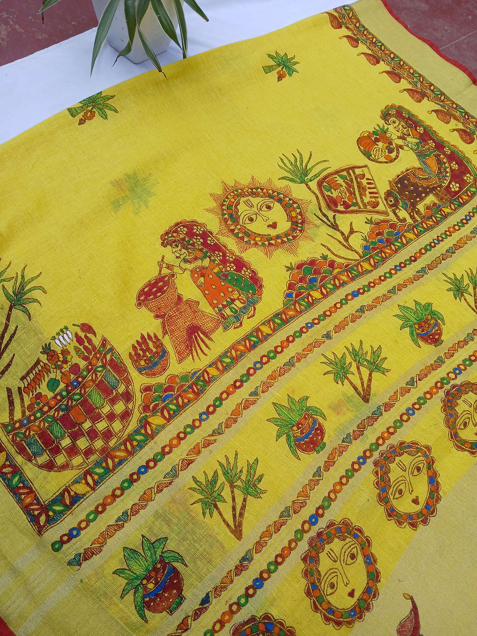 Thumbnail: Chhath pawan : Handpainted Madhubani Linen saree