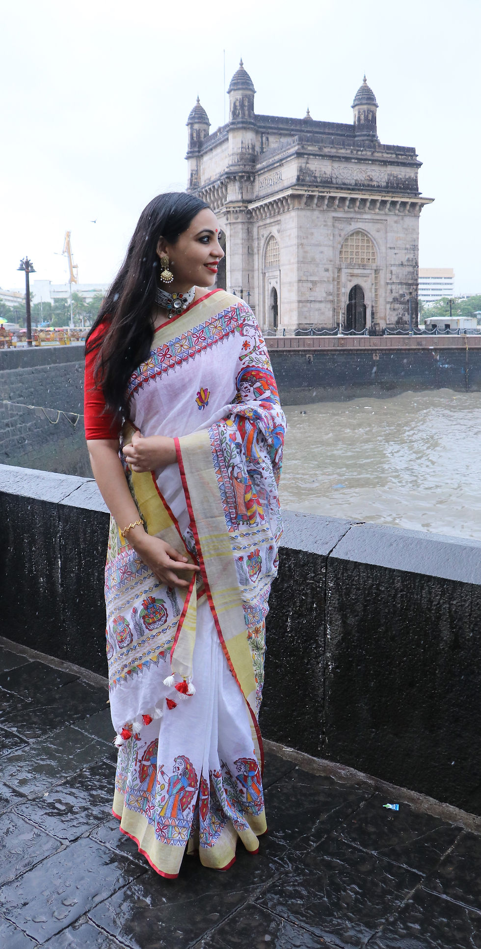 Thumbnail: Bhawani : Maa Durga Handpainted & handwoven Madhubani Shada lal par linen saree