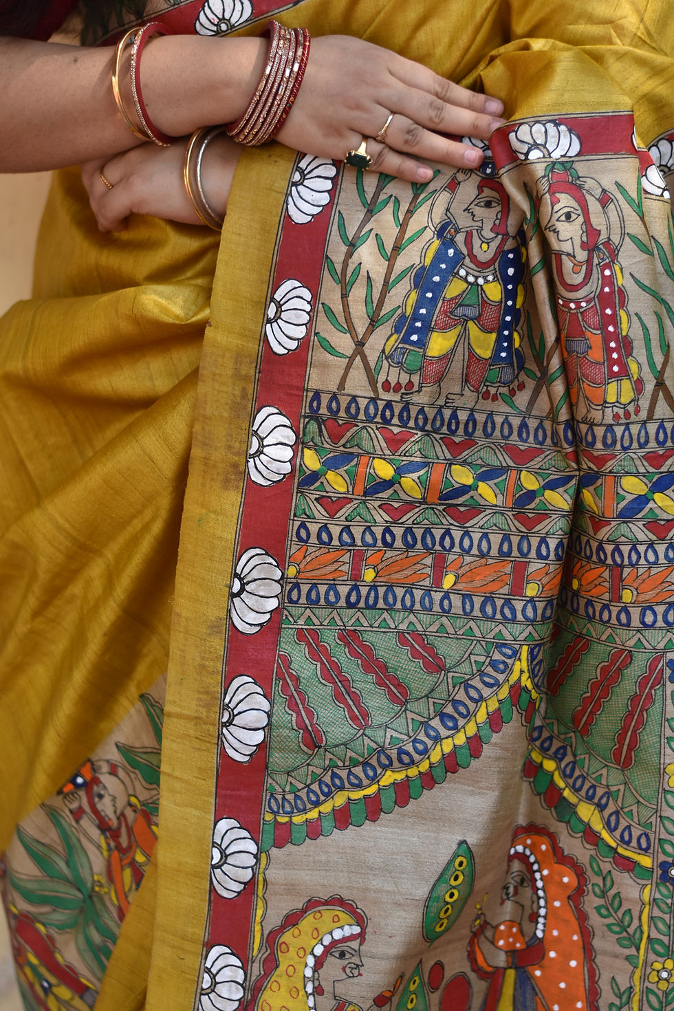 Thumbnail: Chhath  Puja Handpainted Madhubani Tussar Silk Saree 