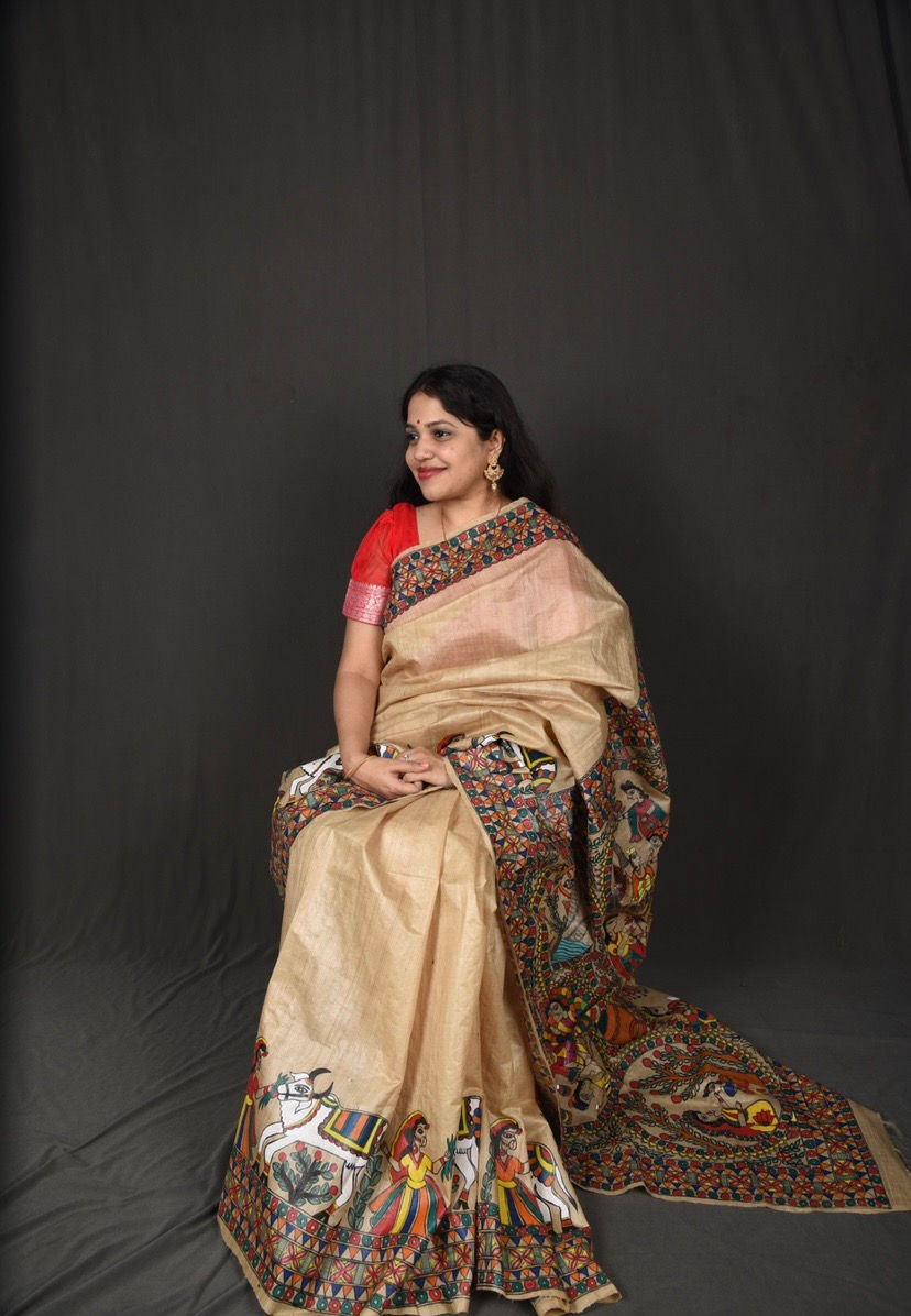 Thumbnail: ‘Krishna Katha’ Handpainted Madhubani Pure Tussar Silk Saree