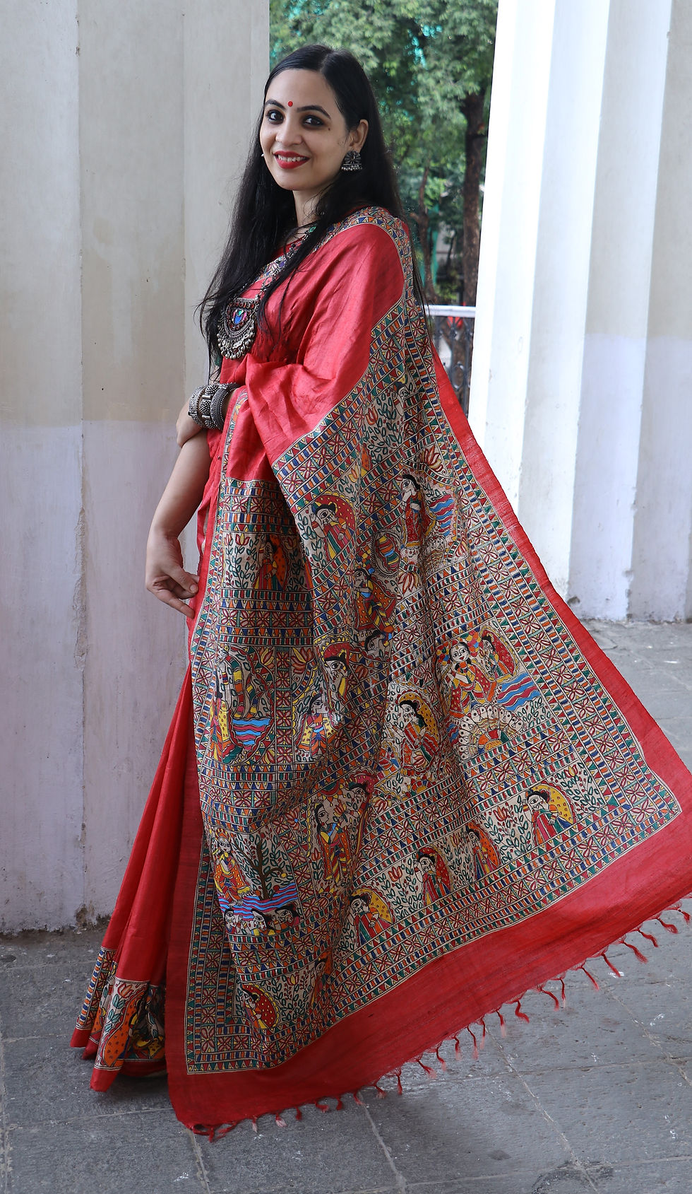 Thumbnail: Shyamsundara Krishna leela Madhubani Handpainted Red & beige Tussar silk saree