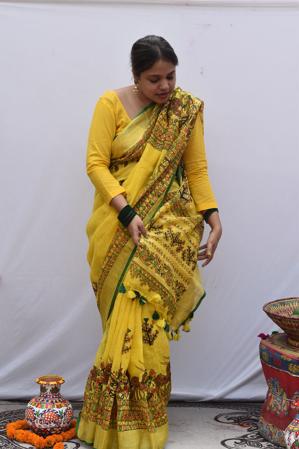 Thumbnail: Aam Panna : Yellow & Green Handpainted Madhubani Linen saree