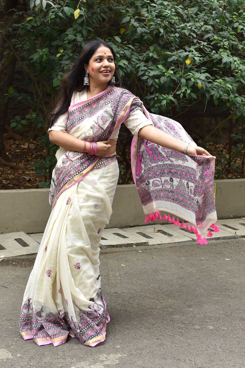 Thumbnail: Abeer 'Vrindavan Jhoola' Handpainted Madhubani Mul Cotton Saree