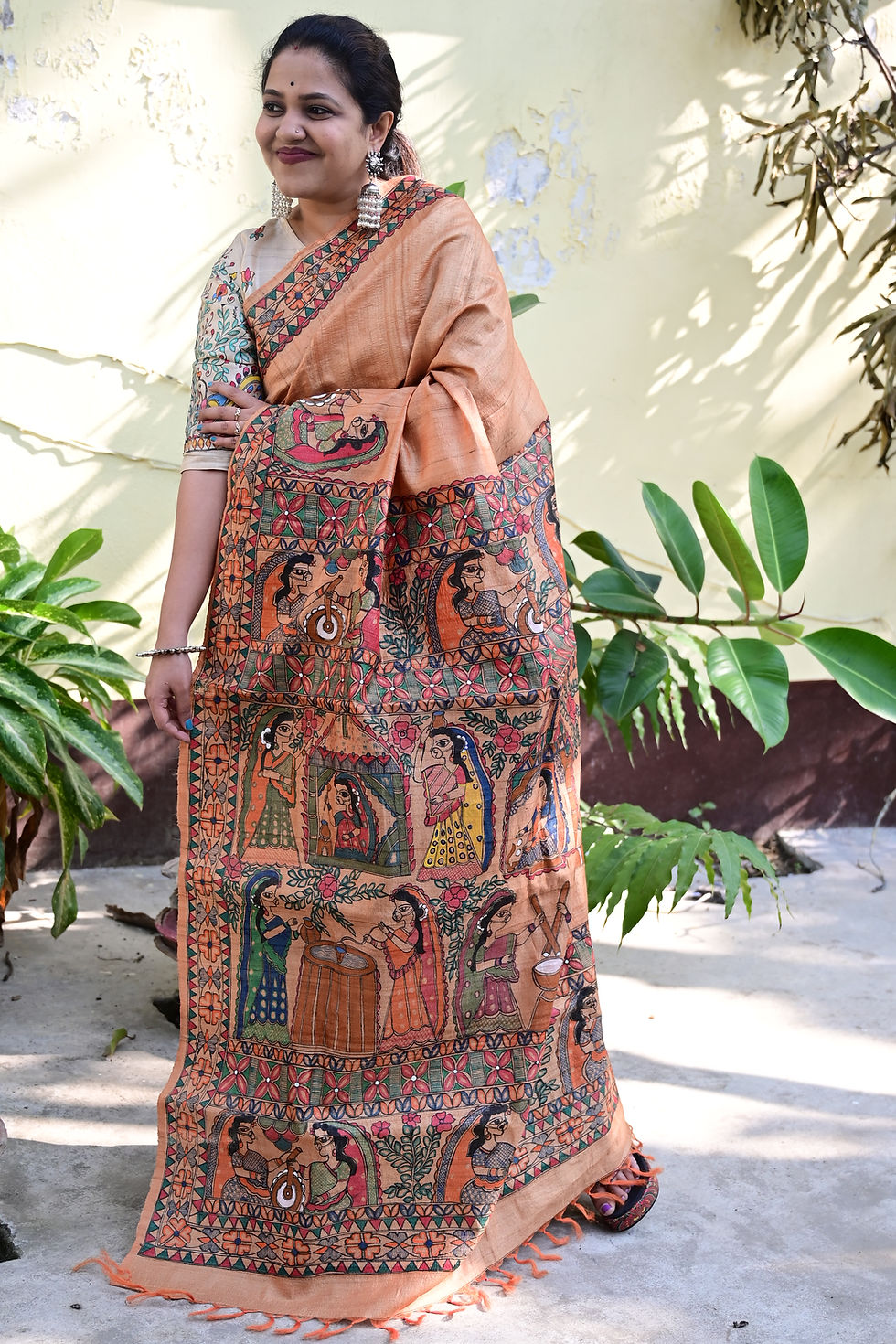 Thumbnail: Geetanjali 'Sienna' Madhubani Handpainted Rustorange Tussar Silk Saree