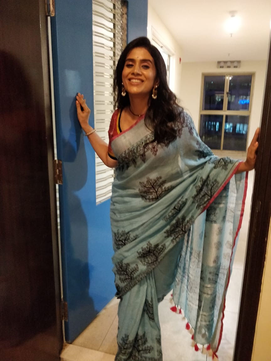 Thumbnail: Tree of Life -Madhubani Handpainted Linen Saree