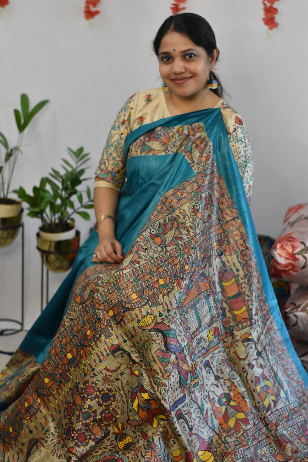 Thumbnail: Sindhurdaan : Madhubani Wedding Themed Blue & Beige Tussar Silk Saree