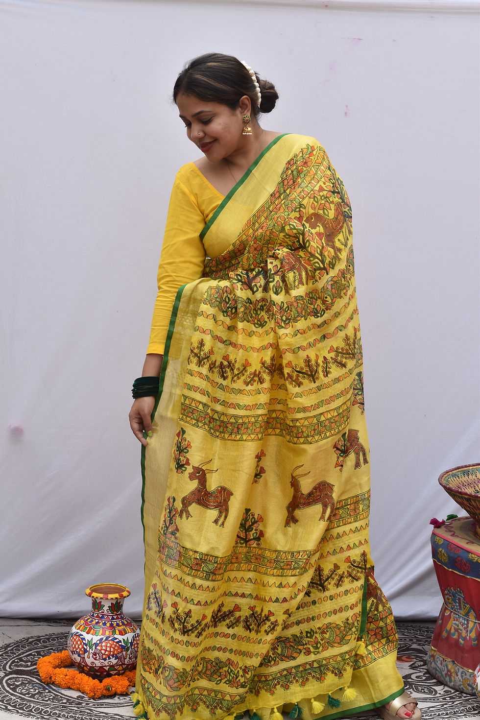 Thumbnail: Aam Panna : Yellow & Green Handpainted Madhubani Linen saree