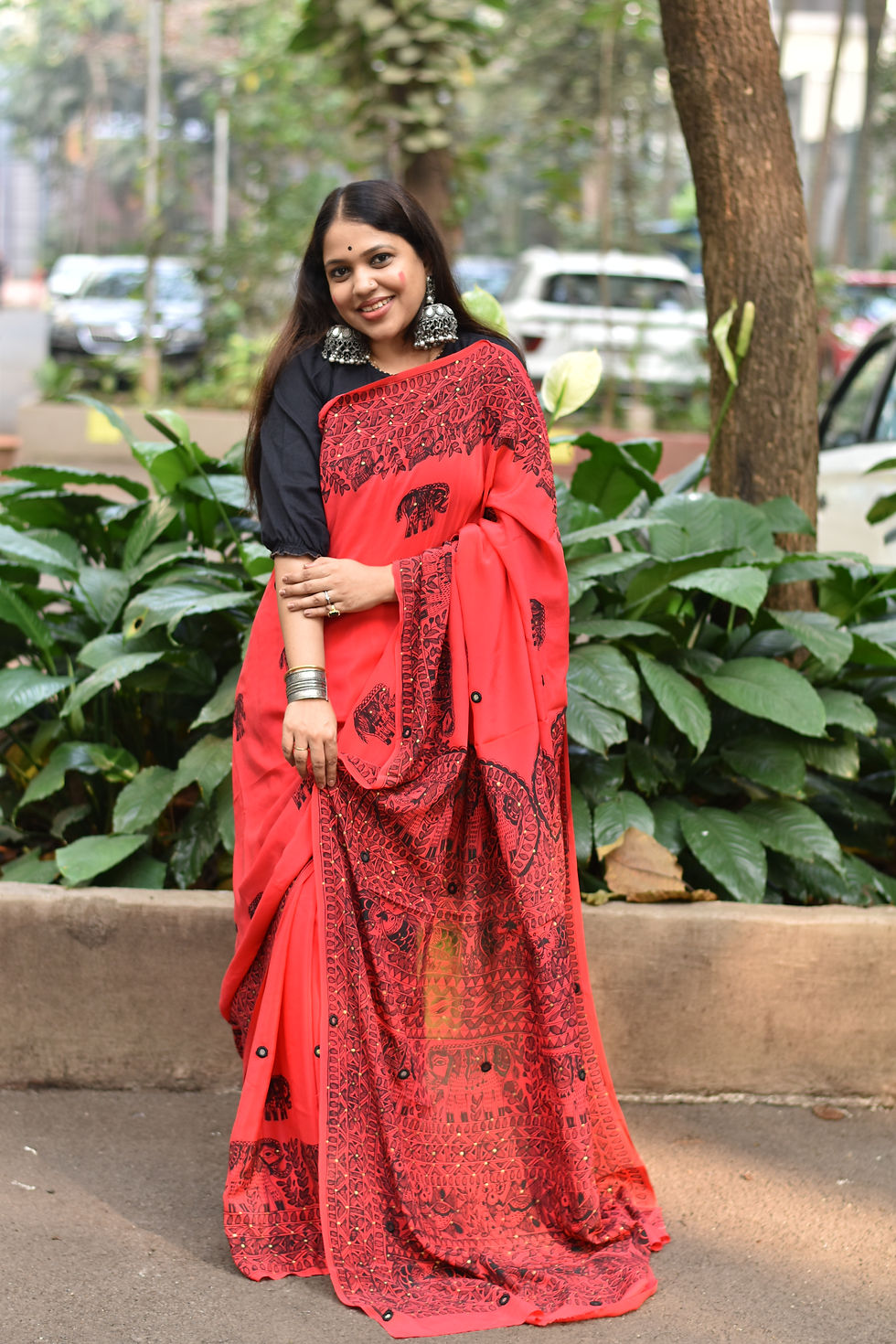 Thumbnail: Abeer 'Lal Gaj' Handpainted Madhubani Crepe Silk Saree