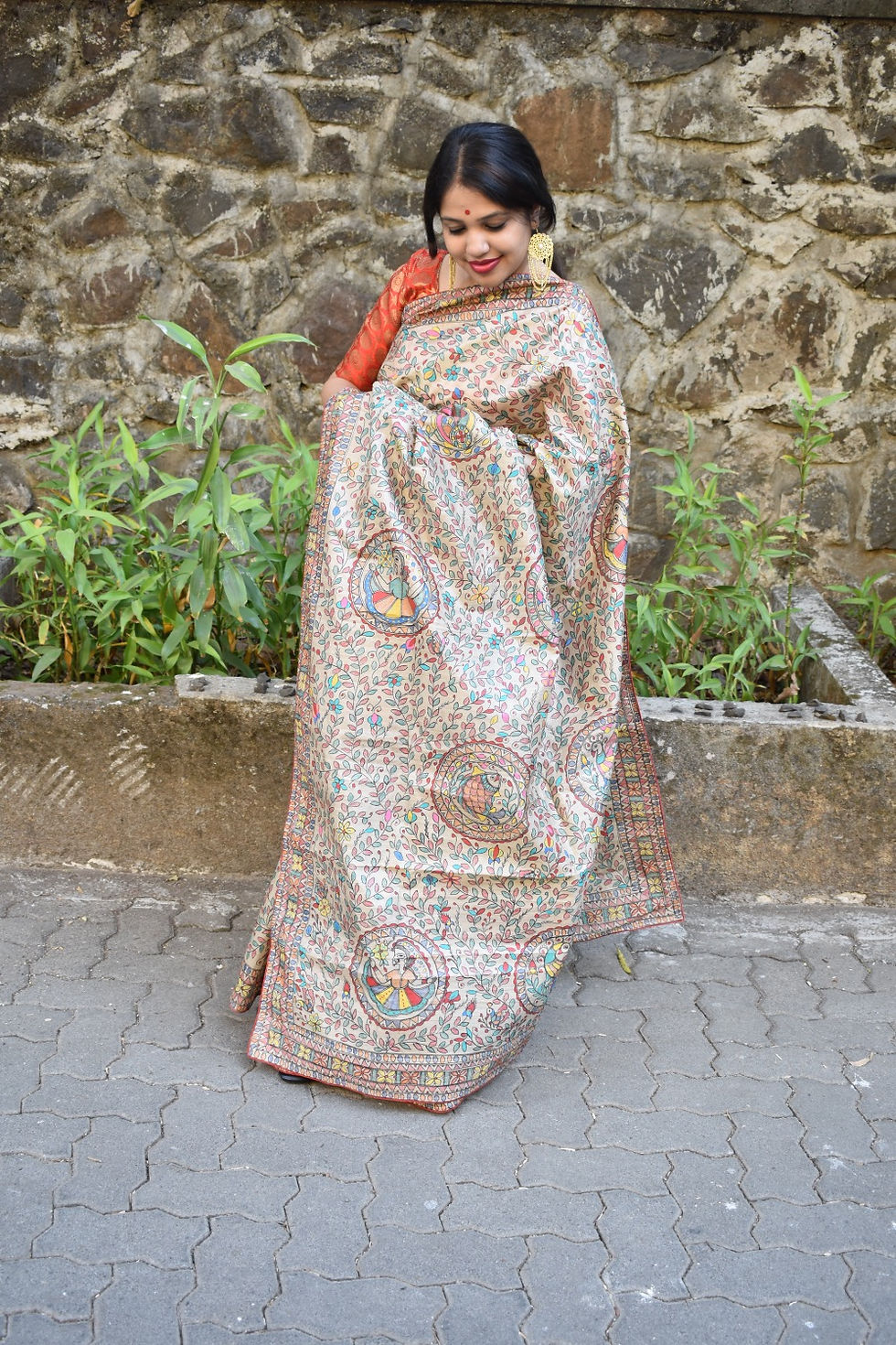 Thumbnail: Basant -Baag: Full Handpainted Tussar Silk Saree with Red Piping